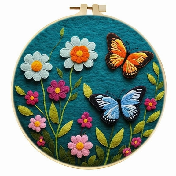 Flower and Butterfly Needle Felting Set Beginner Felt Painting Set with Decorative Frame Suitable for Home Decoration Christmas Gift