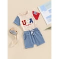 thumbnail image 3 of vera natura Boys 4th of July Shorts Sets Short Sleeve Letter Embroidery Tops Solid Color Drawstring Shorts Sets, 3 of 9