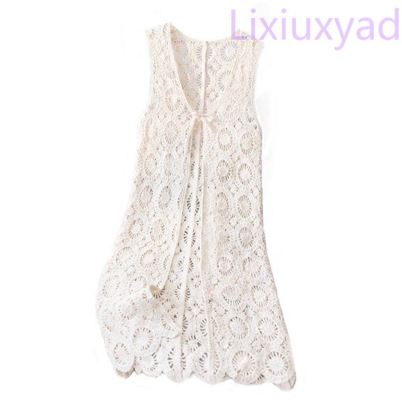 Lixiuxyad Women's Crochet Lace Knit Cardigan Sleeveless Open Tie Front Bohemian Cover Up,Beige