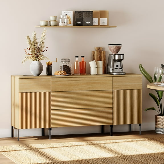63" Wooden Reeded Sideboard with Built-in Charging Station, 3-In-1 Modern Credenza Storage Cabinet for Kitchen, Dining Room