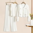 thumbnail image 3 of 3 Pcs/Set Women Suit Vest Coat Pants Set Knitted V Neck Single-breasted Waistcoat Elastic Waist Wide Leg Long Trousers Set Formal Commuting Outfit, 3 of 8