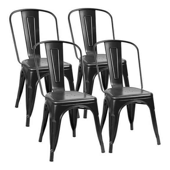 Metal Dining Chairs Indoor-Outdoor Use Stackable Side Chairs with Back Industrial Kitchen Classic Trattoria Chair Set of 4 (Black)