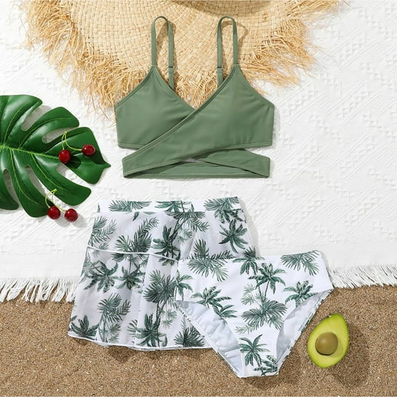 QUOTAY Girl's Tankini Swimsuits Floral Print Adjustable Straps Top with Skirt and Briefs 3 Piece Set Bathing Suit for Girls Z03_Green,8Y