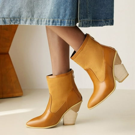 

VKEKIEO Ankle Boots Round Toe High Heel Booties Ornamental Zipper Zip-Up Brown Winter Boots