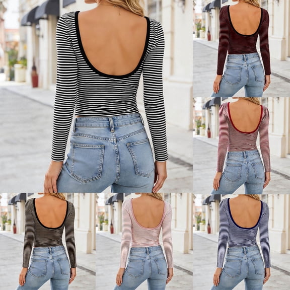Backless T Shirts for Women Striped Long Sleeve Boat Neck Crop Tshirt Going Out Tee Y2K Tops Slim Coffee L