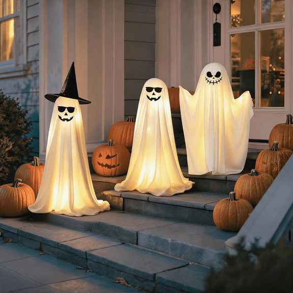 Kdkad Halloween Light Up Ghost Decor, 33 In Spooky Cute Standing Ghost, Halloween Decorations for Front Door Porch Yard Tree, Indoor Party Room Decor