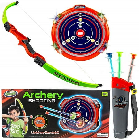 Toysery Kids Archery Bow and Arrow Toy Set - Target with LED Flashing Lights and Sounds - Stand Indoor, Outdoor Garden Fun Game - Best Archery Bow & Arrow Toy Set for Kids Age 6 and (Best Bow And Arrow For Kids)