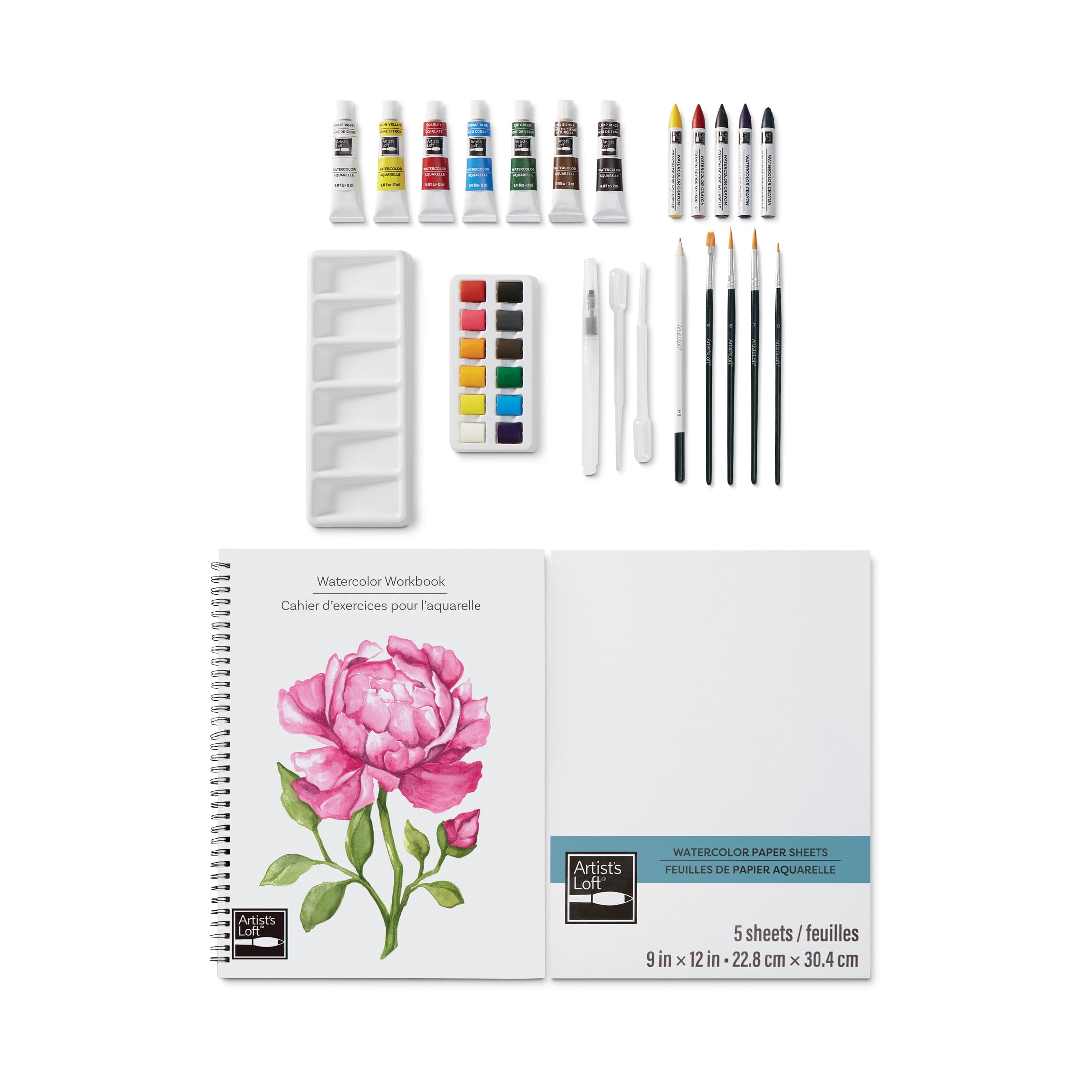 Watercolor Painting Technique Set by Artist's Loft - Includes Workbook - Paint - Crayons - and Brushes - 1 Set