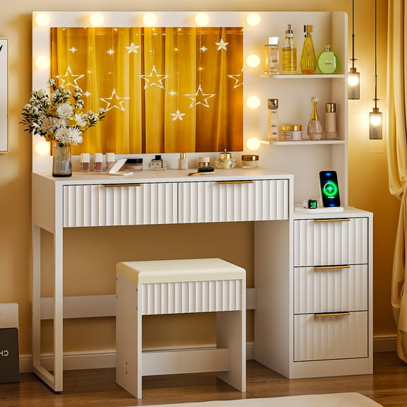 Ktaxon Flutted Makeup Vanity Table Set with 5 Drawer, Dressing Table w/Charging Station, Vanity Desk for Femal Gift, White