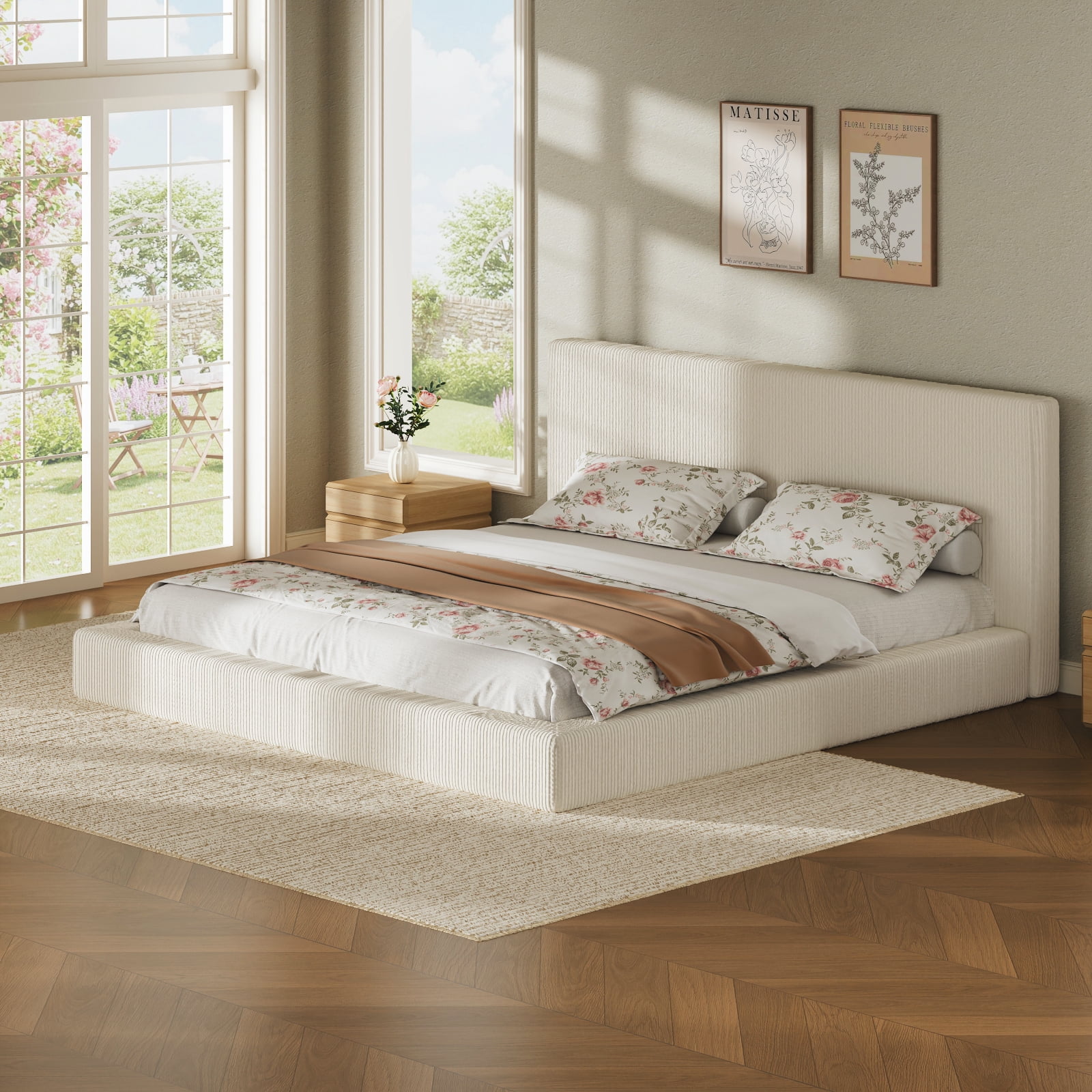 Garitin Bed Surround and King Size Upholstered Bed Frame, Corduroy Cushioned Bed Surround with High Density Sponge for Bedroom, Cream