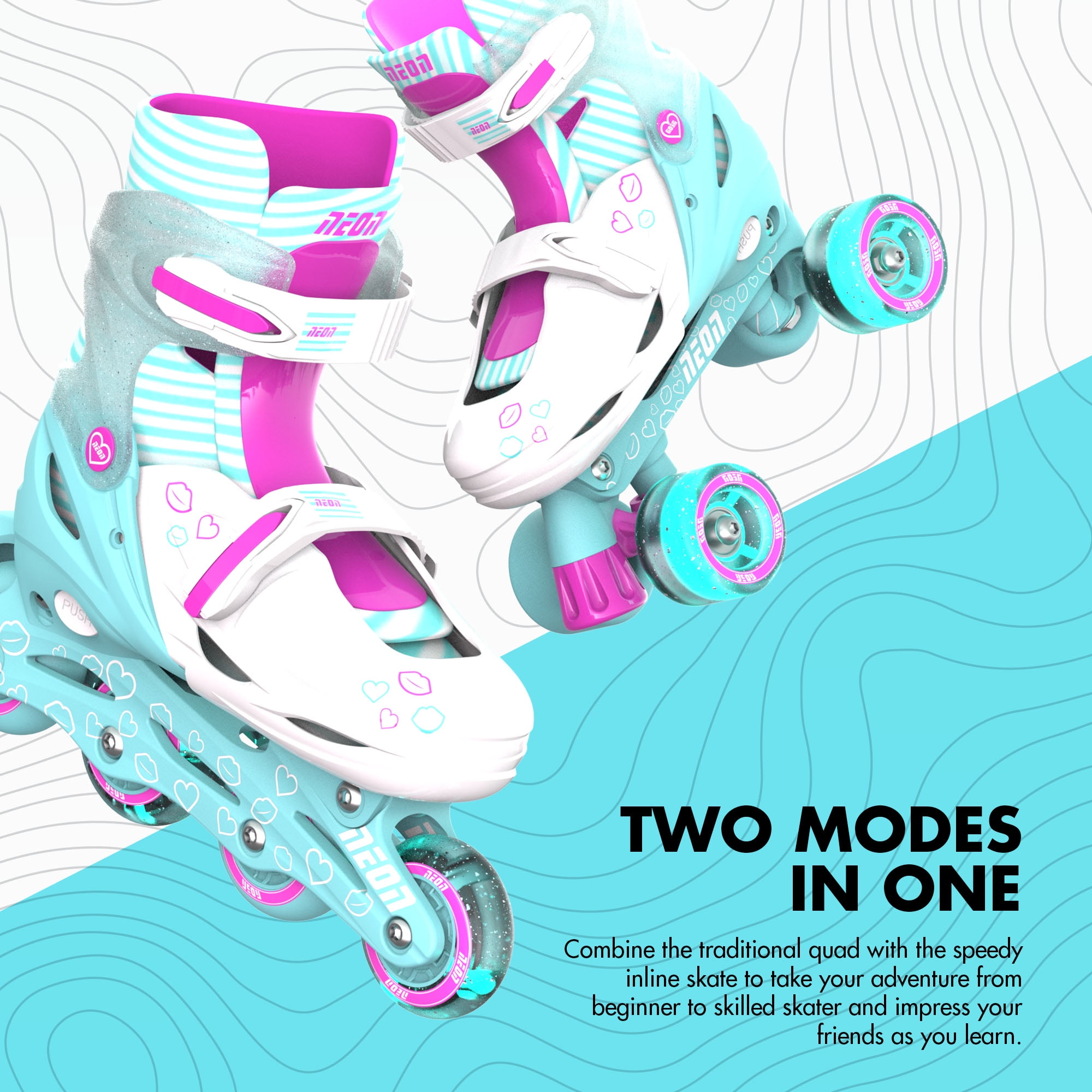 Yvolution Neon Roller Skates 2 in 1 Inline Skates and Quad - Girls and Boys Kids Skates, Size 3-6 Adjustable, Green and Pink