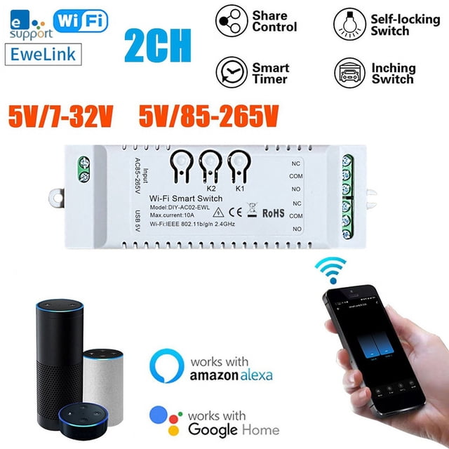 Interrupteur Intelligent WiFi 2CH Minuterie DIY APP 85-265V USB 5V 2.4G Module d'Automatisation Domestique pour Maison IFTTT