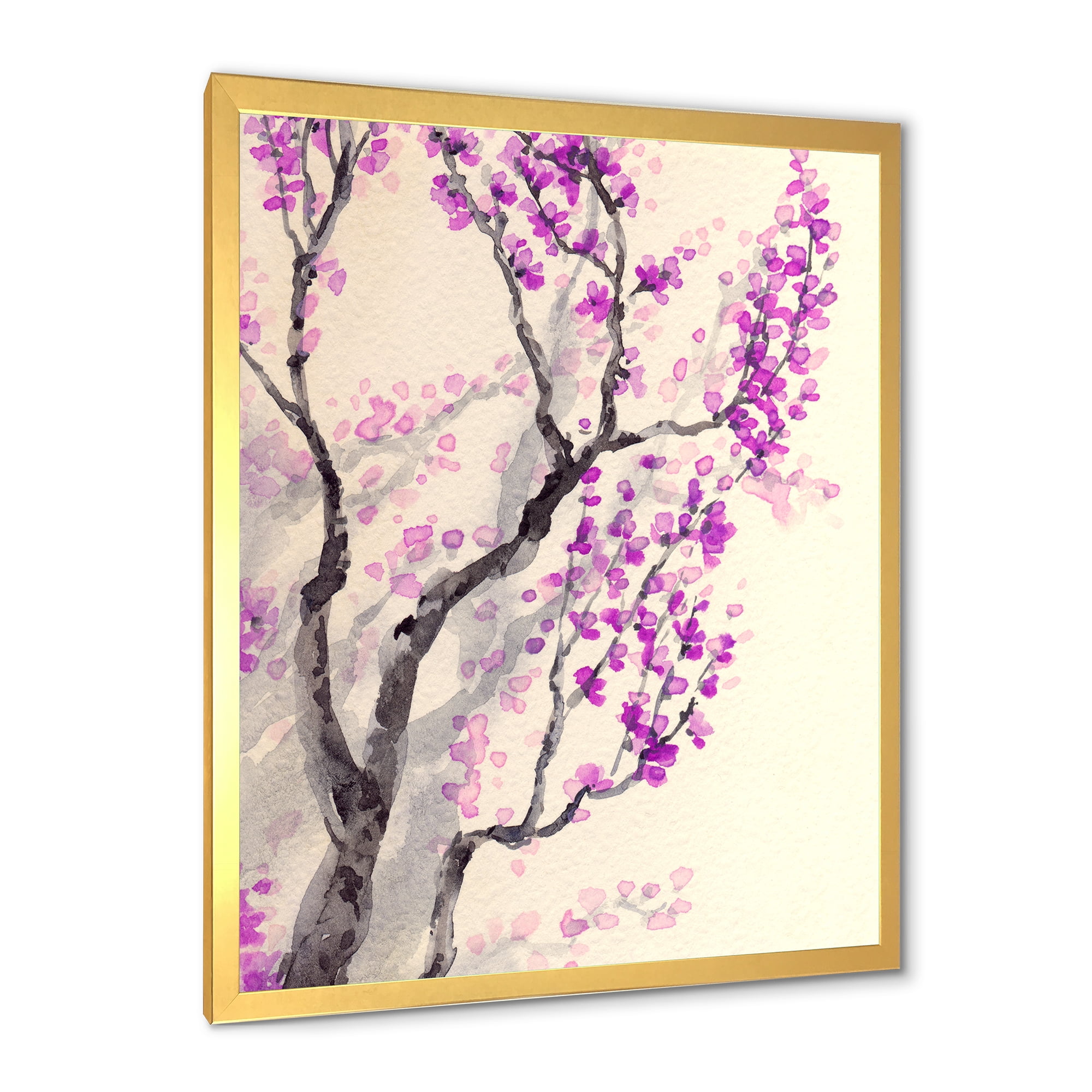 Abstract Spring Purple Flowers On Tree Branches 16 in x 32 in Framed Painting Canvas Art Print, by Designart