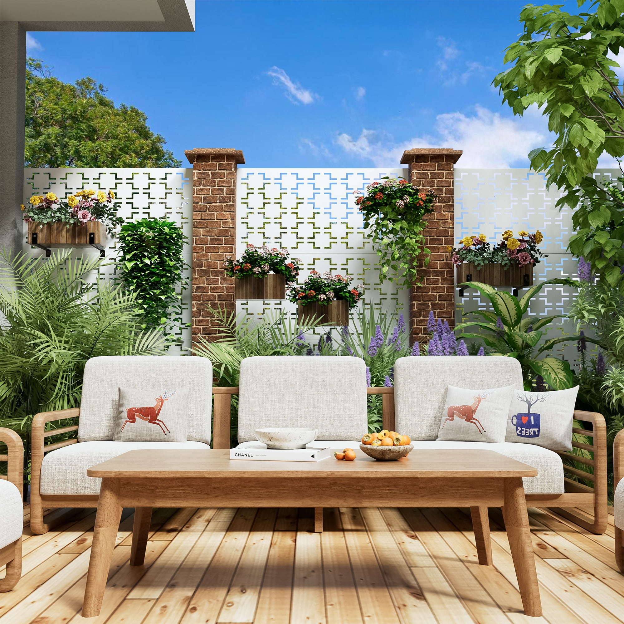 MAYEERTY 72×47" Outdoor White Metal Privacy Panel Screen for Backyard & Garden, Geometric Square Pattern