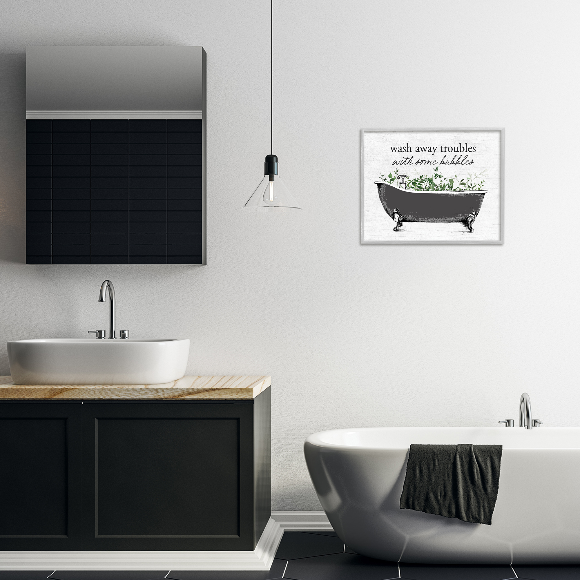Comforting Bubble Bath Quote Gray Framed Giclee Art, design by Lettered and Lined