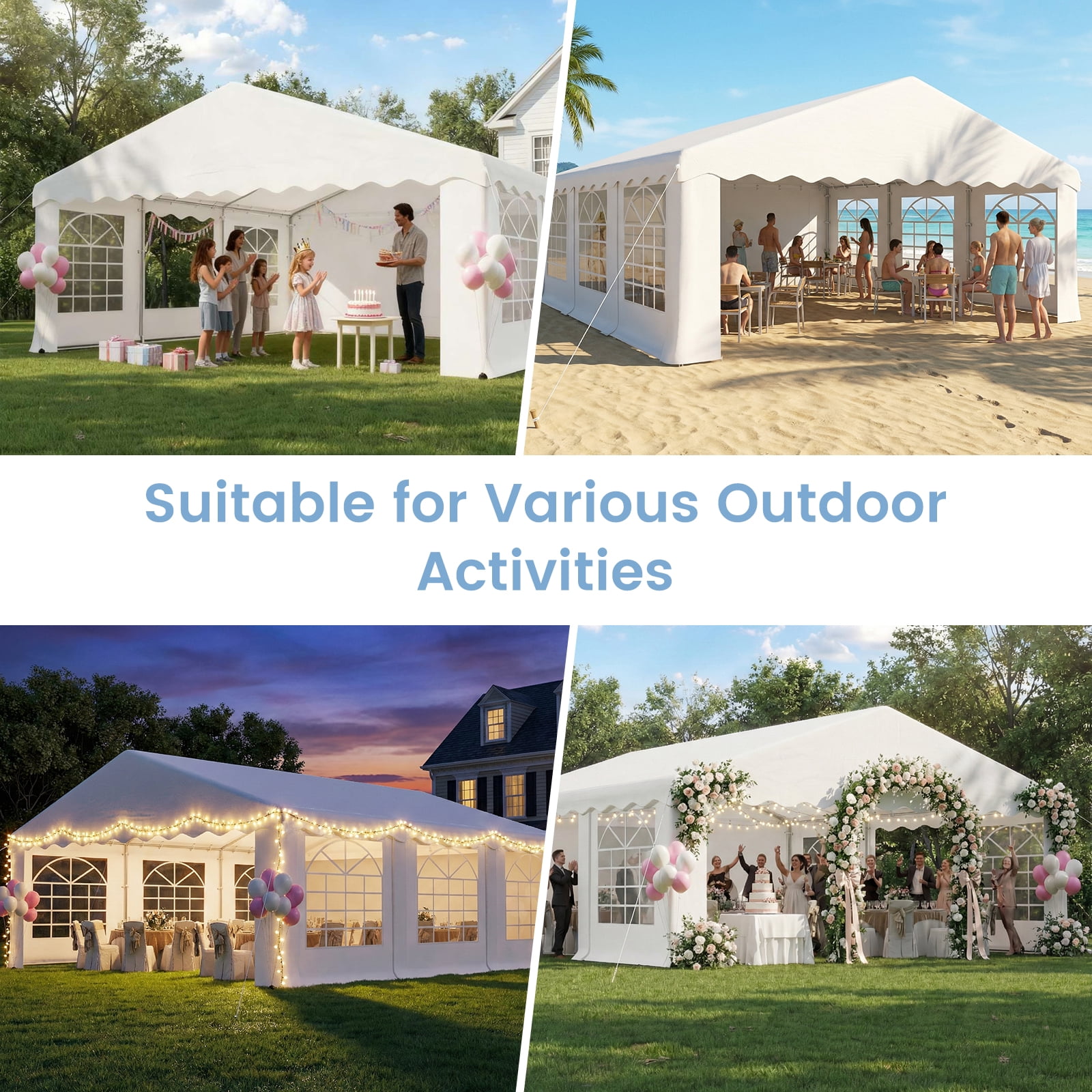 Erommy 20x20FT Heavy Duty Party Tent, Outdoor Wedding Canopy with 8 Removable Sidewalls, 2 Roll up Doors for Large Events,White