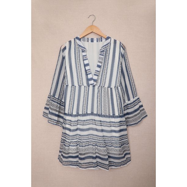 ABPHQTO Mini vestido con volantes y cuello en V con estampado geométrico azul cielo para mujer