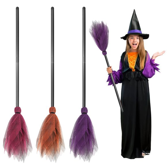 Adjustable Kids Broom Set - 3 Pack Plastic Broomsticks for Party Decor & Haunted House - Colorful Broom Props for Halloween Fun