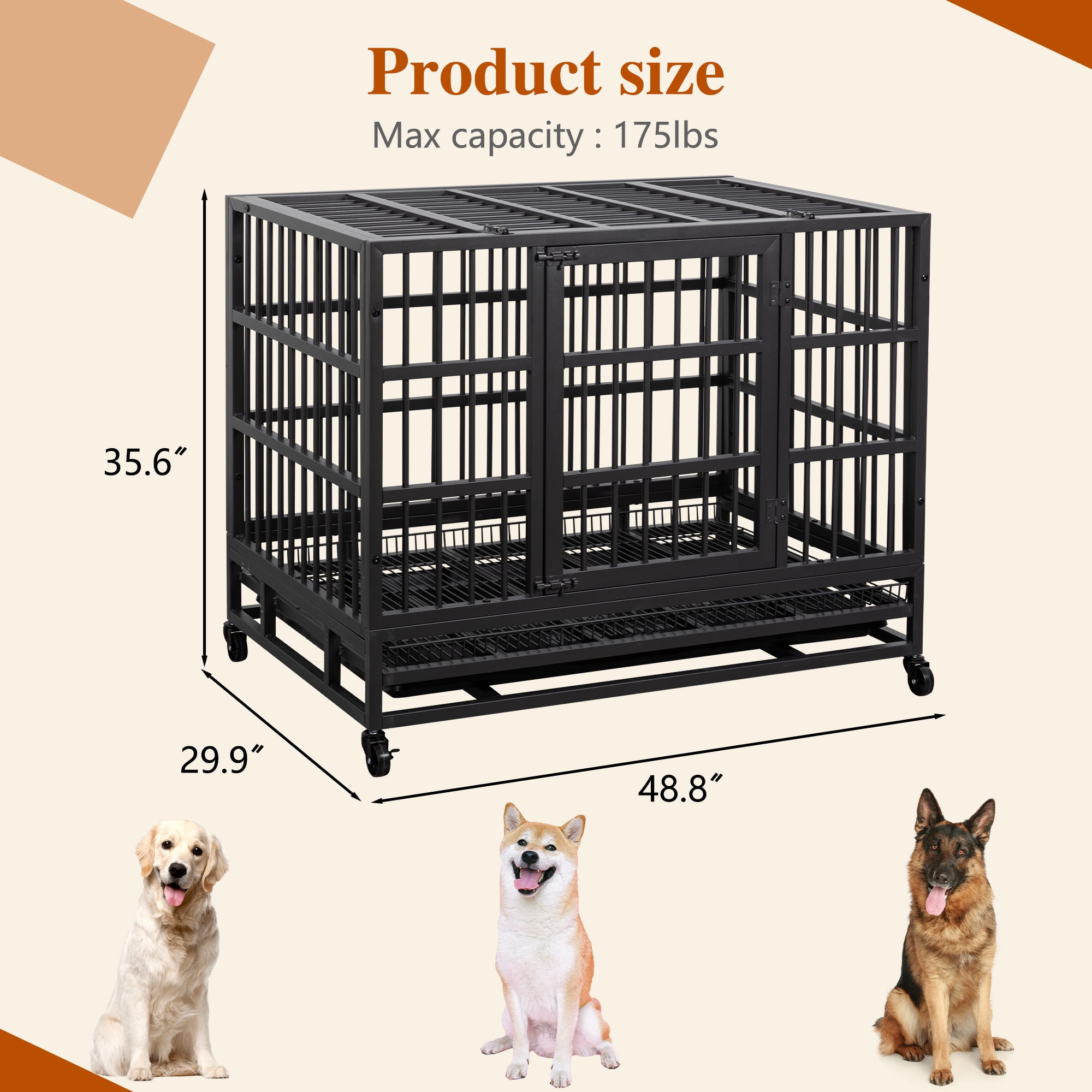 48" Heavy Duty Stainless Steel Dog Cage with Double Doors Divider Panel & Removable Tray for Indoor Outdoor Black
