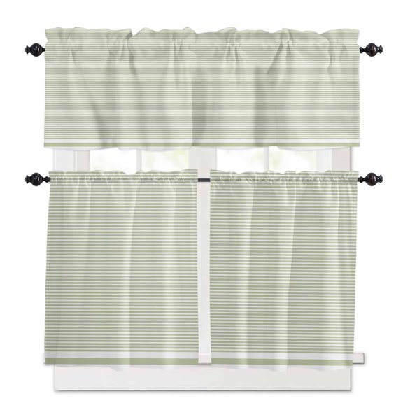 Farmhouse Sage Green White Striped Kitchen Curtains and Valances Set, 3 Piece Kitchen Curtains Set 24 Inch Length, Modern Stripes Rod Pocket Curtains Tier Farmhouse Window Curtains