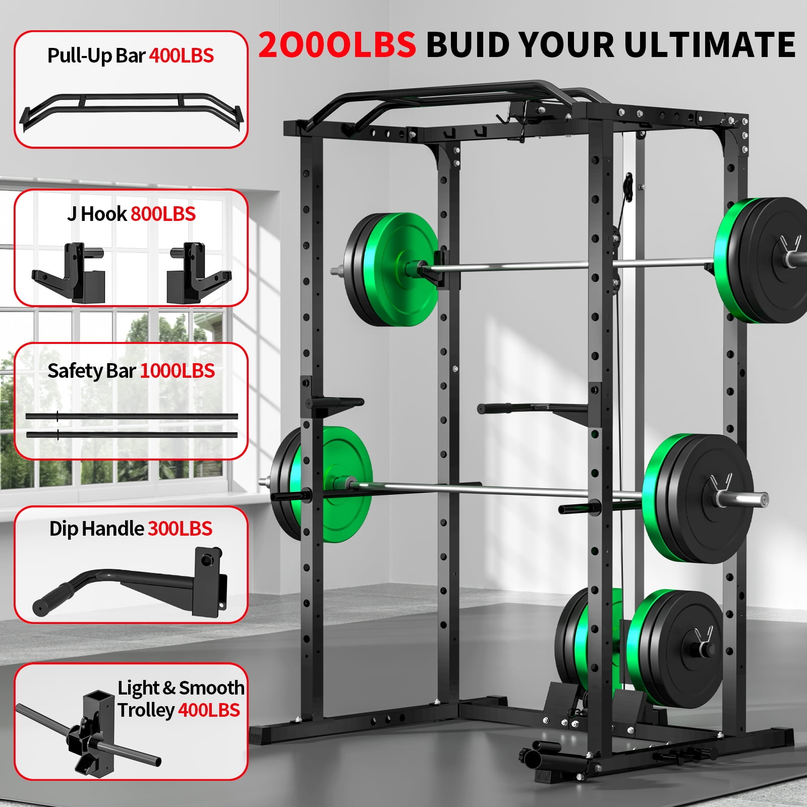 BOGYKIK H30 BASE Power Rack with LAT Pulldown, 2000 lb Power Cage with Cable Pulley System, Pull-Up Bar & Attachments, Black