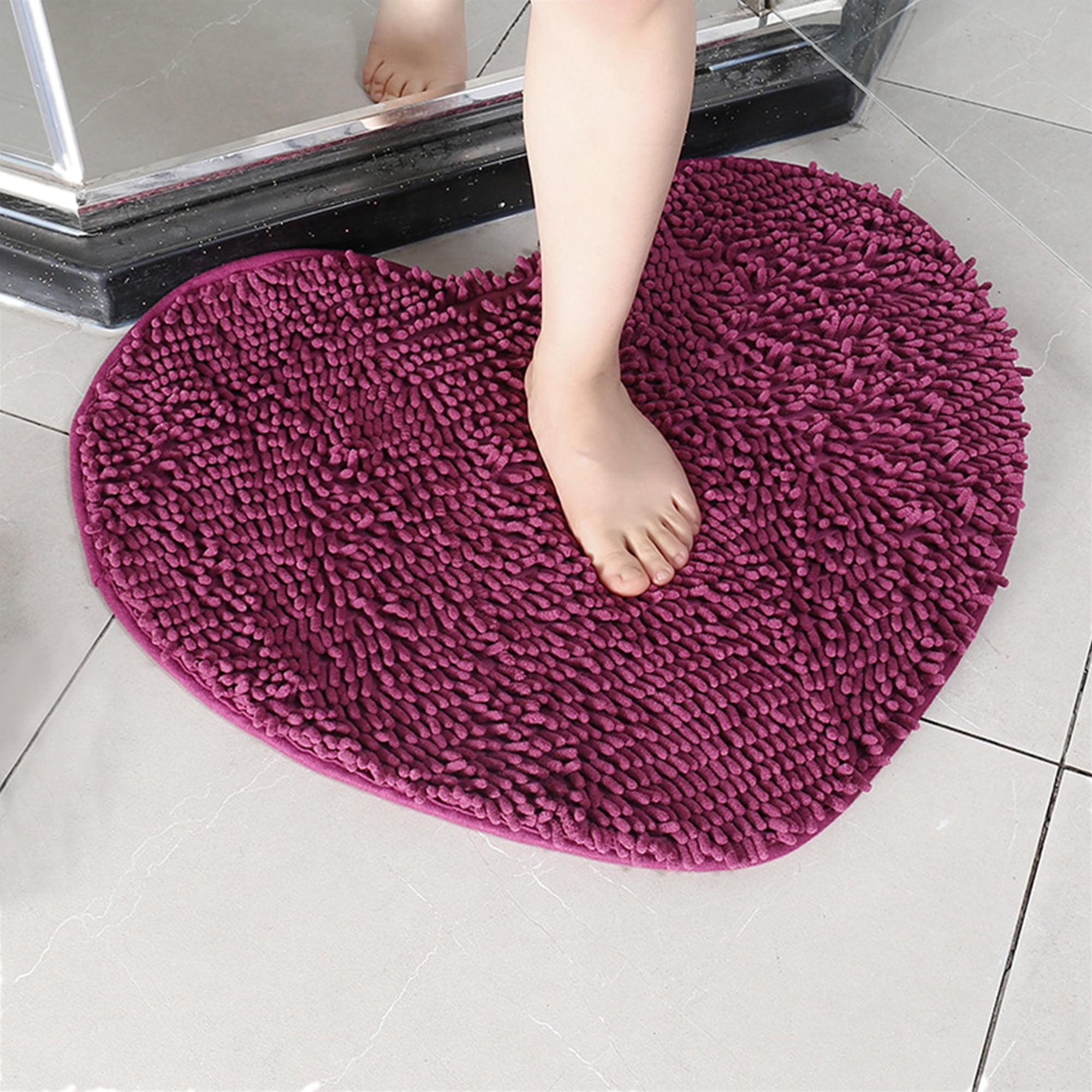 Unique Bargains Heart Shaped Chenille Bath Rugs Soft Shaggy Bath Mat Dark Purple 20" x 24"