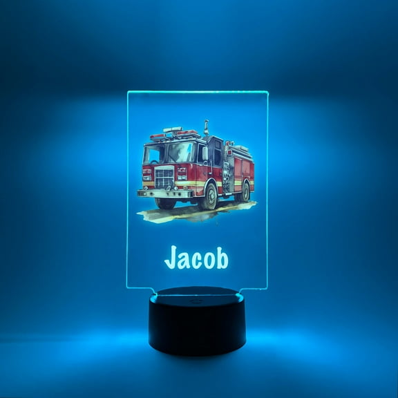 Fire Engine Truck Night Light Up Firefighter Table Desk Lamp LED Personalized Engraved Custom Name, It's Wow, Remote, 16 Colors, Great Gift!