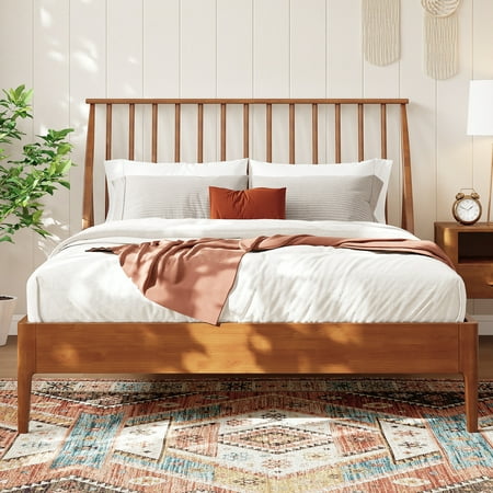 Euroco Bamboo Wood Spindle King Size Platform Bed with Tall Headboard, Bohemian Bed Frame with Wooden Slats and Metal Support, Mid-Century Modern Style, Warm Brown