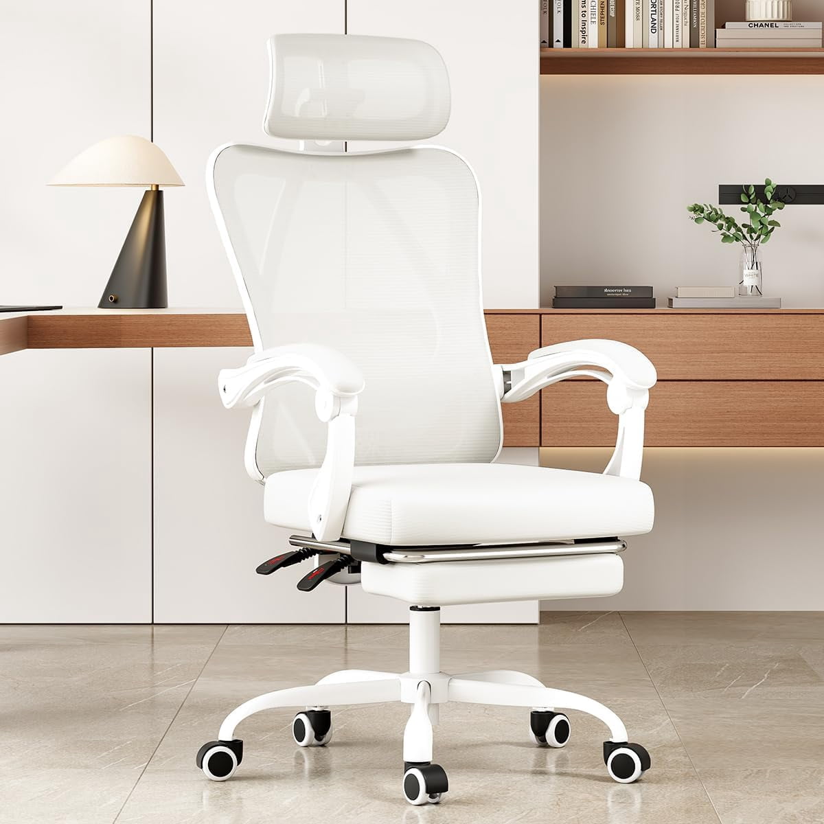 STARY Ergonomic Office Chair with Footrest, High Back Mesh Desk Chair with Adjustable Headrest & Lumbar Support, Comfortable Computer Chair for Home Office Study, White & Beige