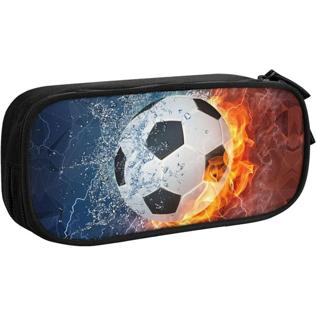 Estuche para lápices para niños con estampado de fútbol, bolsa para bolígrafos portátil con cremallera y diseño de fuego y agua