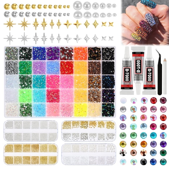Toorise Gold and Silver Nail Art Beads Round Imitation Pearls Multi Color Nail Art Rhinestones Set with Tweezers and Pickup Pen for Manicure Decor