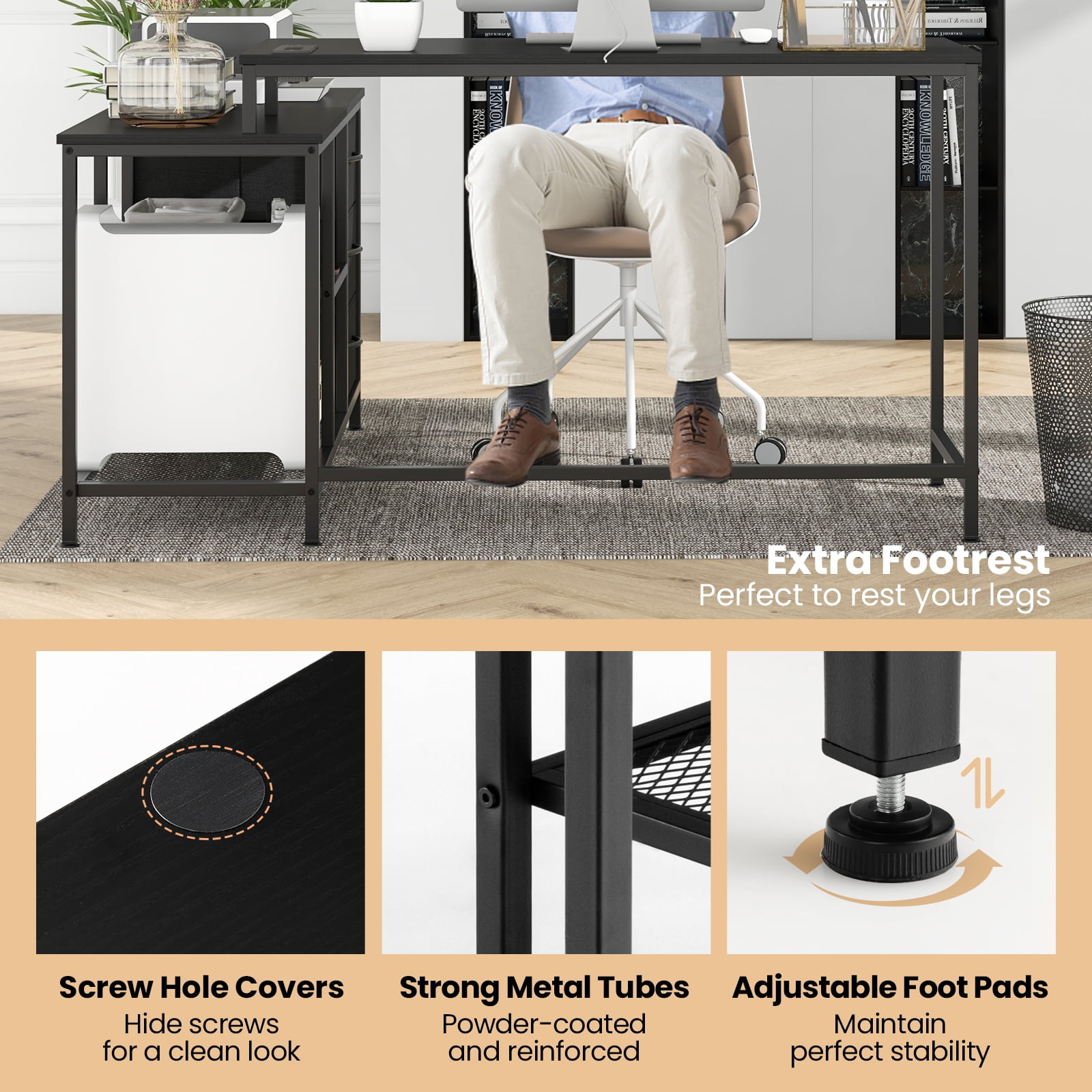 Topbuy L-Shaped Computer Desk with Drawers & Shelves 81” Convertible Home Office Desk with Charging Station Black