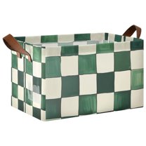 Yayeee Foldable Storage Basket for Shelves with Handles Waterproof Cloth Bins, Green and White Plaid Pattern