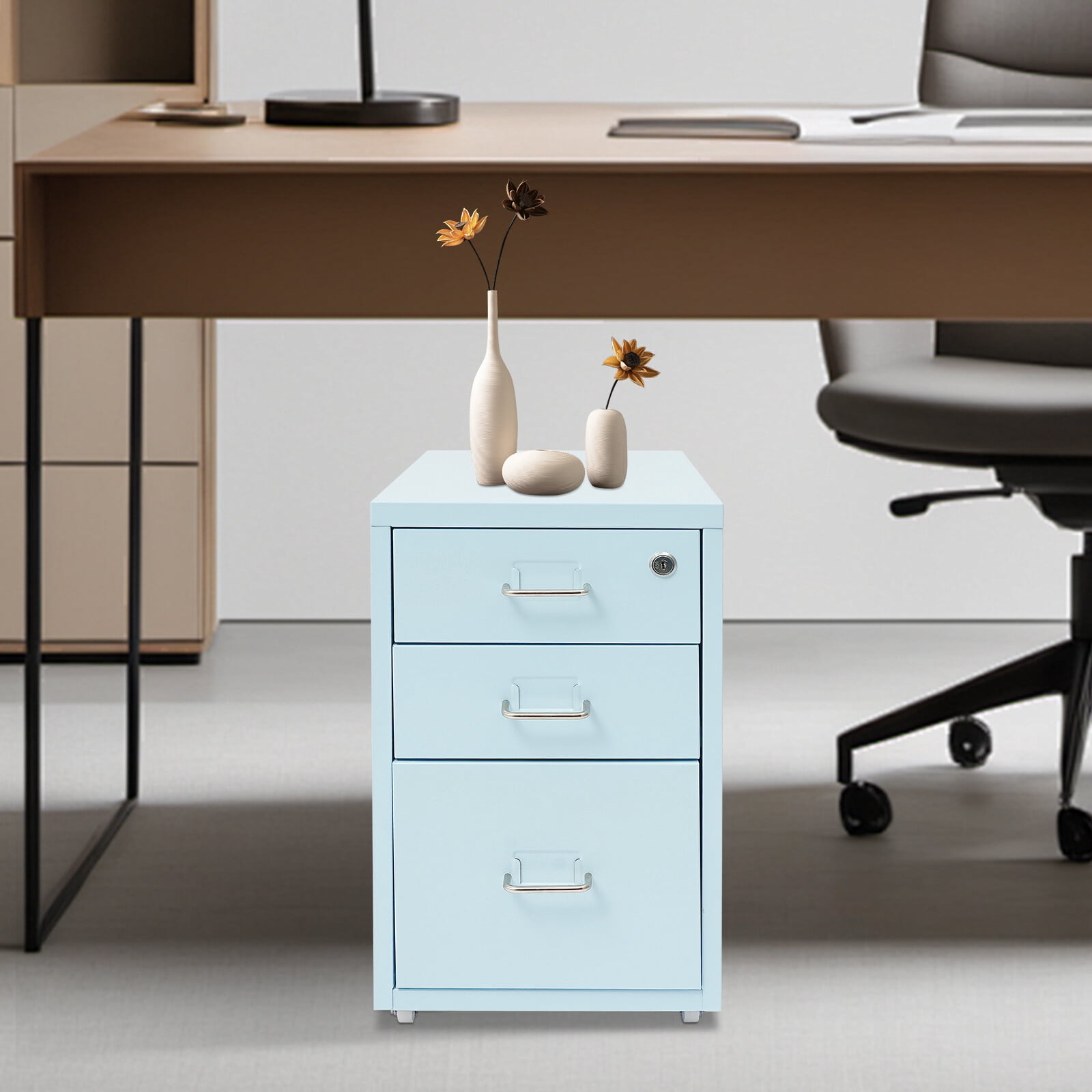 3-Drawer Rolling File Cabinet Lockable Cold-Rolled Steel 11×16×19 in Mobile Cart