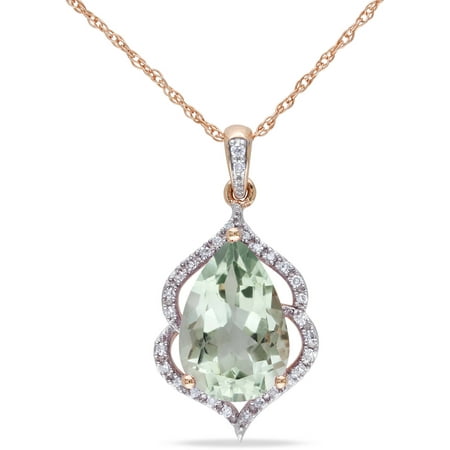 2-4/5 Carat T.G.W. Pear-Cut Green Amethyst and Diamond-Accent 10kt Pink Gold Pendant