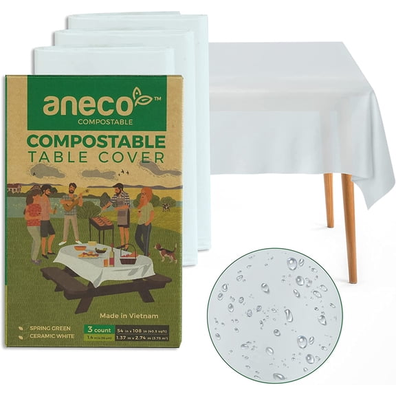 100% Compostable Tablecloths for Rectangle Tables (54''x108'', 3 Count) - White Disposable Rectangular Tablecloth - Anti-Plastic Table Cover for Outdoor, Party, Picnic, Wedding