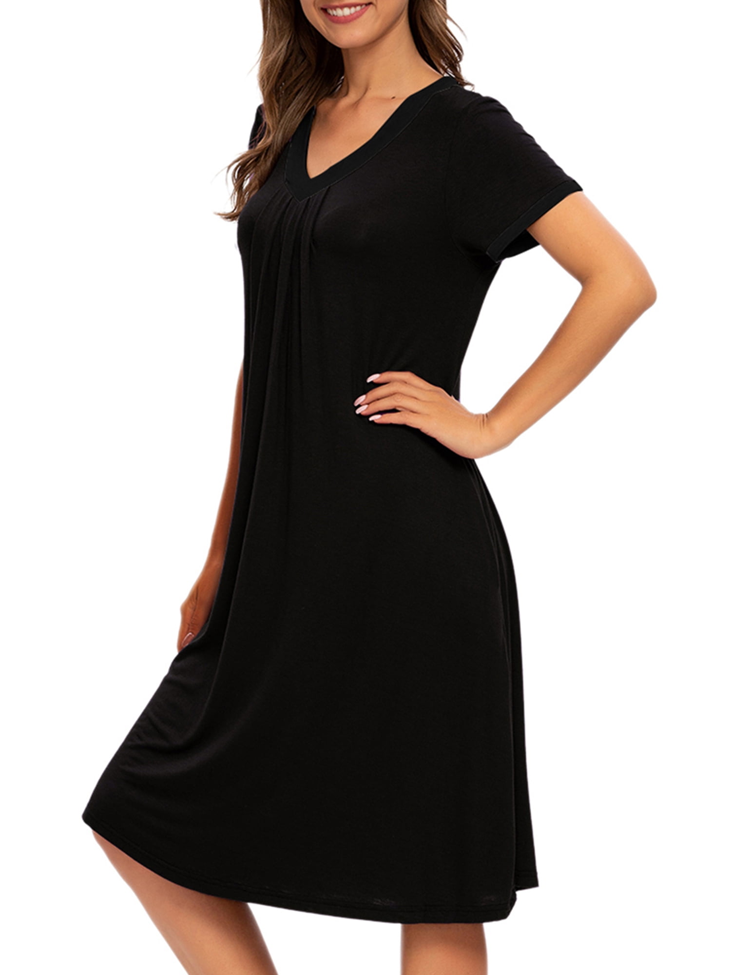 Unique Bargains Women's Pajama V-Neck Nightshirt Sleepwear with Pockets Lounge Nightgown