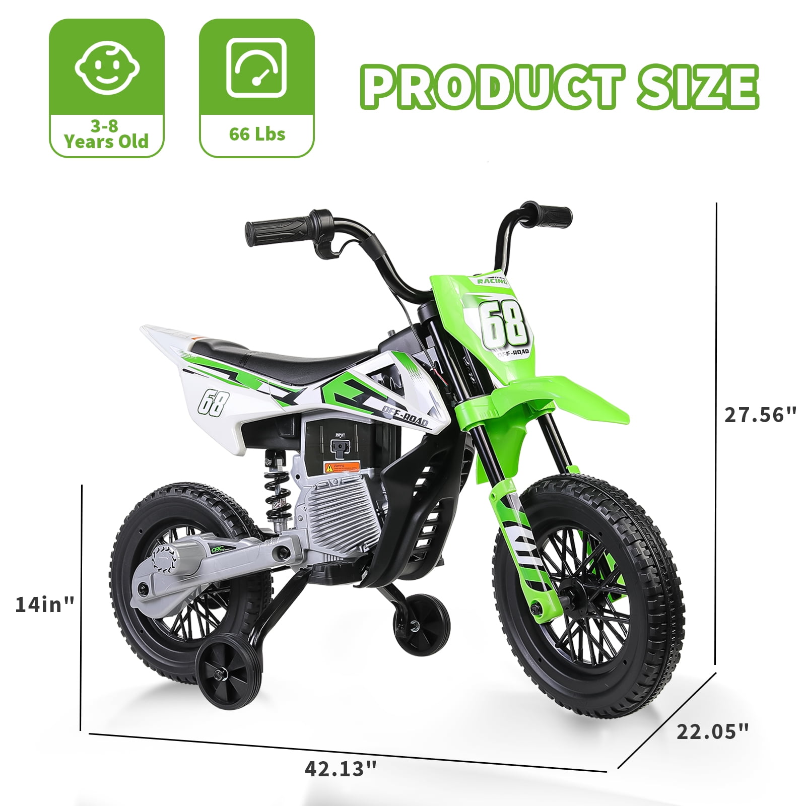 Funcid 12V Electric Dirt Bike with Twist Grip Throttle, Ride on Motorcycle with 2 Training Wheels, Suitable for Ages 3-8, Bluetooth, MP3, Dual Motors, Spring Suspension