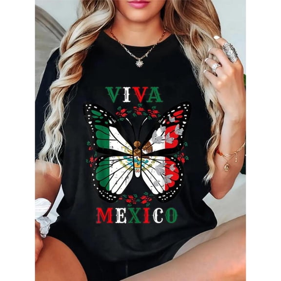 Mexican Culture - Themed Patterned Tee,Tops Boasts "VIVA MEXICO" Text and Butterfly in Mexican Flag Colors, Symbols, Round Neck Regular Fit T - shirts, Size(S - 5XL)