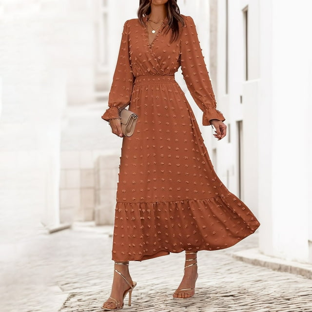 WILLBEST Robes Florales d'Automne pour Femmes Automne 2024 Manches Longues Col en V à Pois Robe Longue Boho Taille Haute Robe à Volants