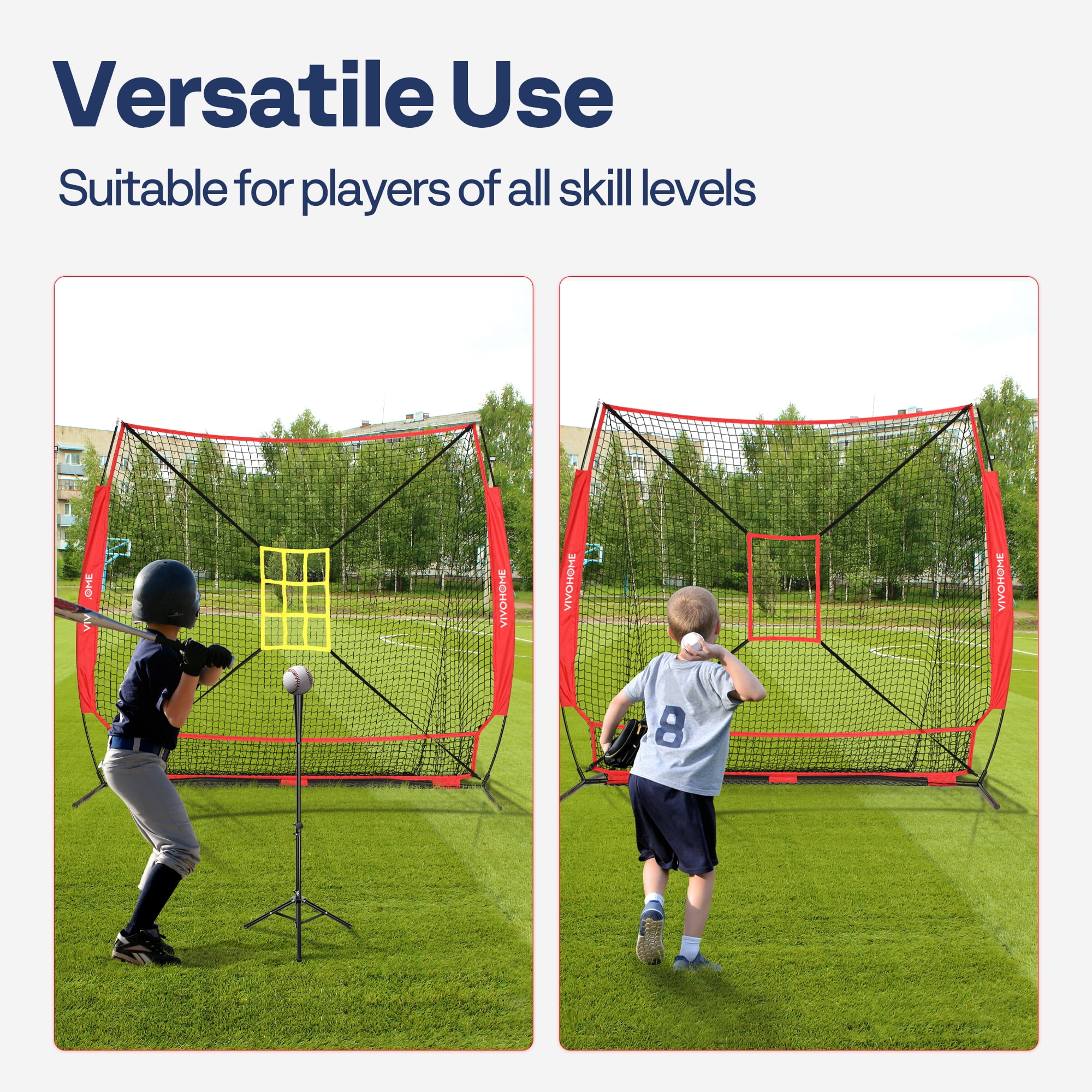 SPECSTAR Baseball Net, 7 x 7 ft Baseball Softball Hitting Net with Large Ball Collection System, Baseball Net for Batting and Pitching with 2 Strike Zone, Batting Tee, Carry Bag