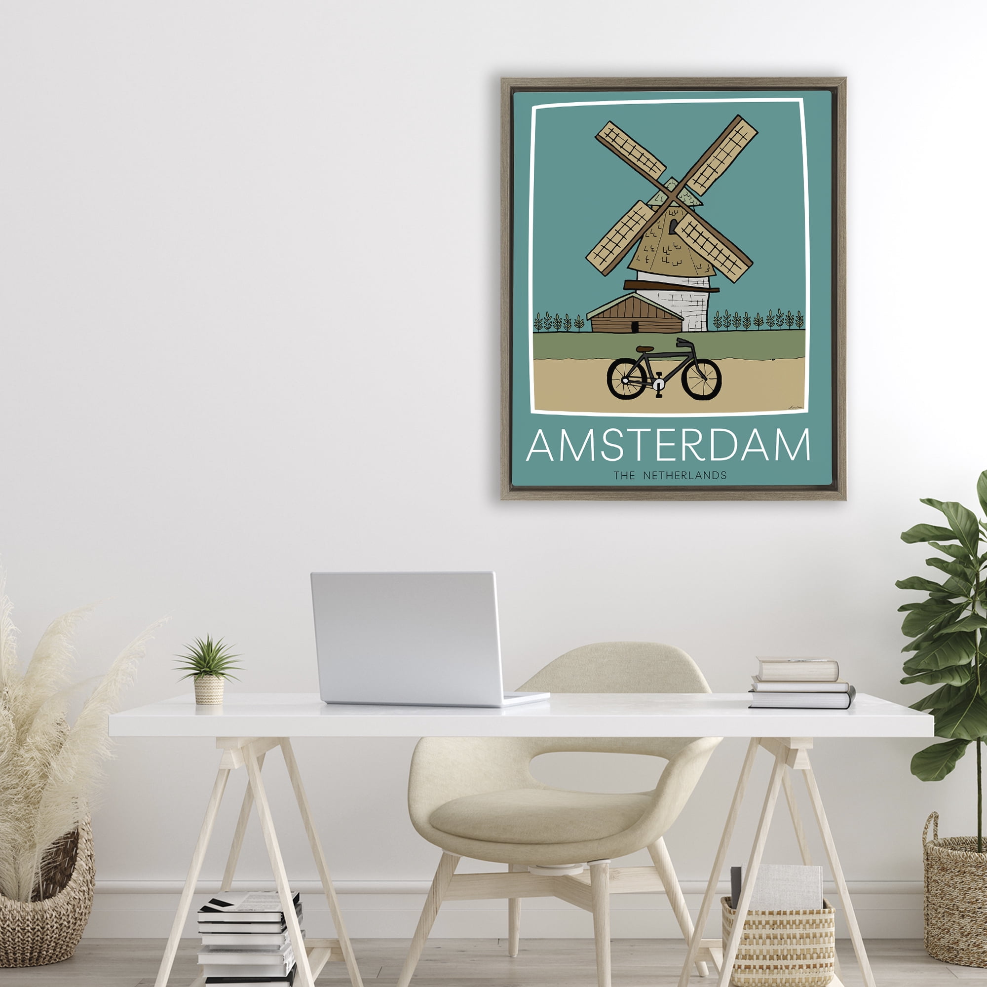 Stupell Industries Amsterdam Windmill Poster Brown Framed Floater Canvas Wall Art, design by Hugo Edwins