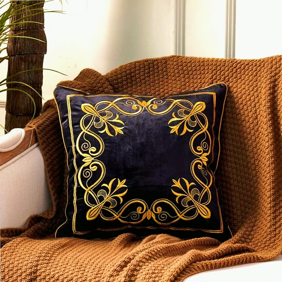 Luxury Shield Embroidered Velvet Pillowcase - European Style Decorative Cushion Cover for Couch Sofa - Ultra Soft Black 18"x18"