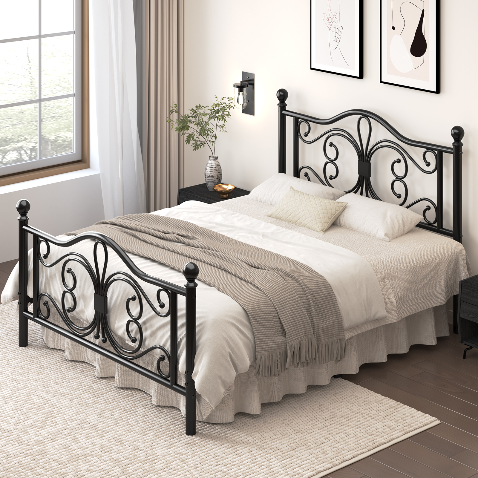 E-motie Metal Platform Bed Frame Queen Size with Butterfly Pattern Vintage Headboard & Footboard, Underbed Storage, Black