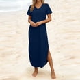 thumbnail image 4 of TIMIFIS Robe d'Été à Manches Courtes pour Femme, Couleur Unie, Col en V, Robe Maxi, Vacances, Plage, Robes Soleil avec Poches, 4 of 6