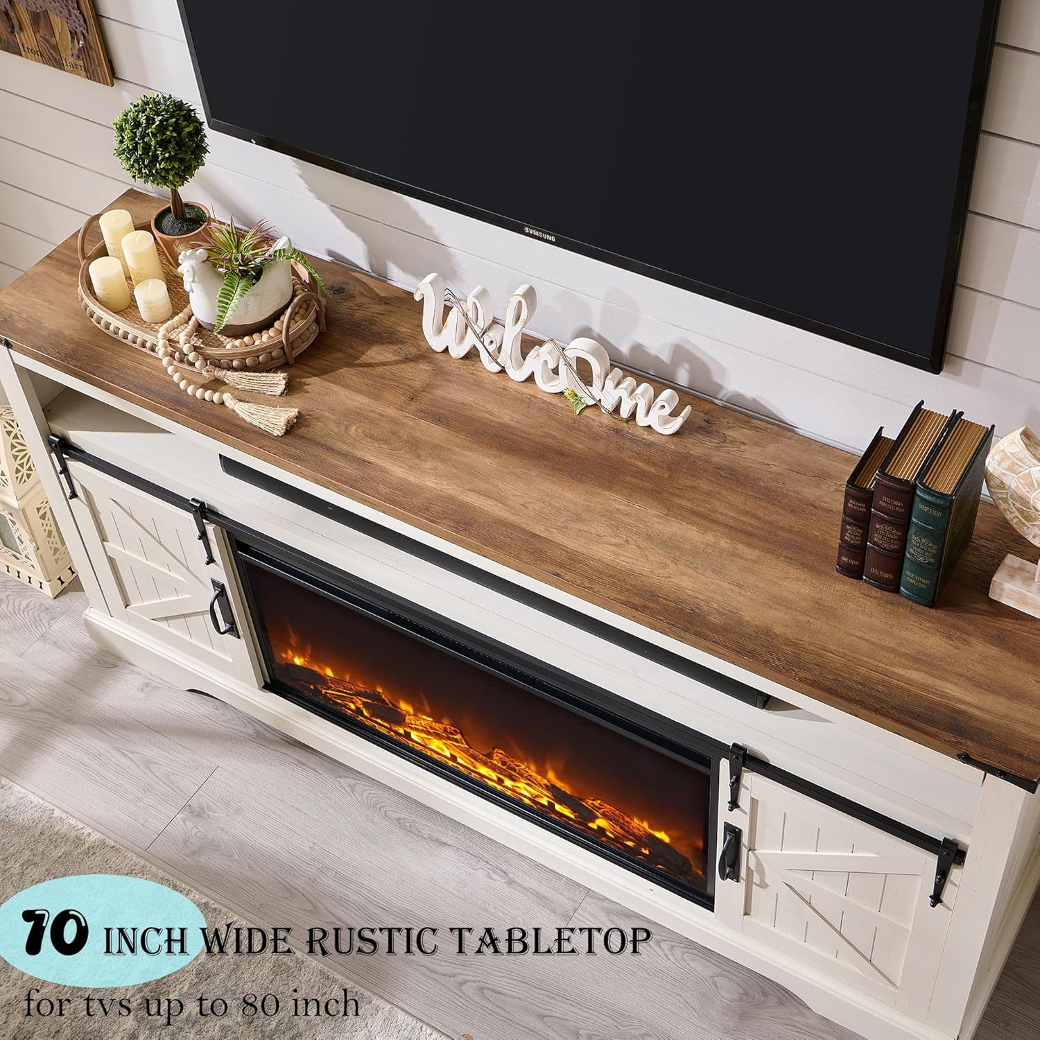 OKD Farmhouse Fireplace TV Stand for 80" TV, Highboy Entertainment Center with 36" Electric Fireplace, Media Console with Sliding Barn Door for Living Room, Antique White