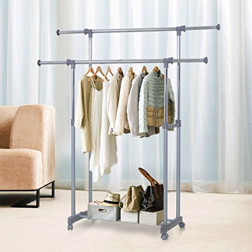 Home Rolling Garment Rack with Double hanging Rails Adjustable in ...