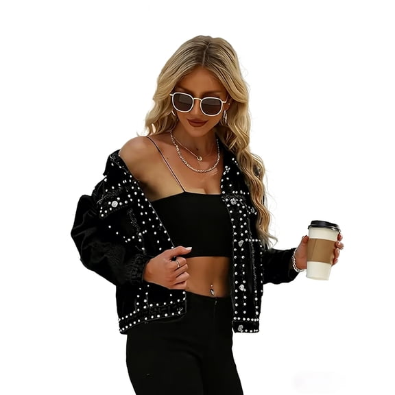 Women's Black Denim Jacket with Rivet Embellishments, Casual Cropped Long-sleeve Outerwear