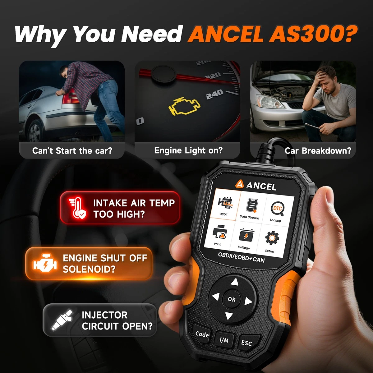 ANCEL AS300 Universal OBD Scanner Code Reader, Check Engine Fault Diagnostic Tool with Cloud Printing, Voltage Test,  I/M Readness, Lifetime Free Update
