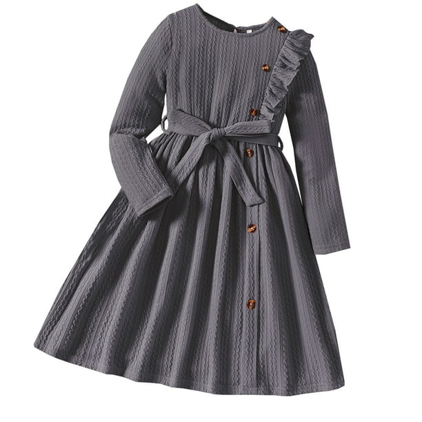 Gibobby Vestido de Navidad Vestido de otoño-invierno para niña pequeña, vestido suéter de punto de Color sólido de manga larga para niña, vestidos, trajes de falda (Gris, 4-5 años)